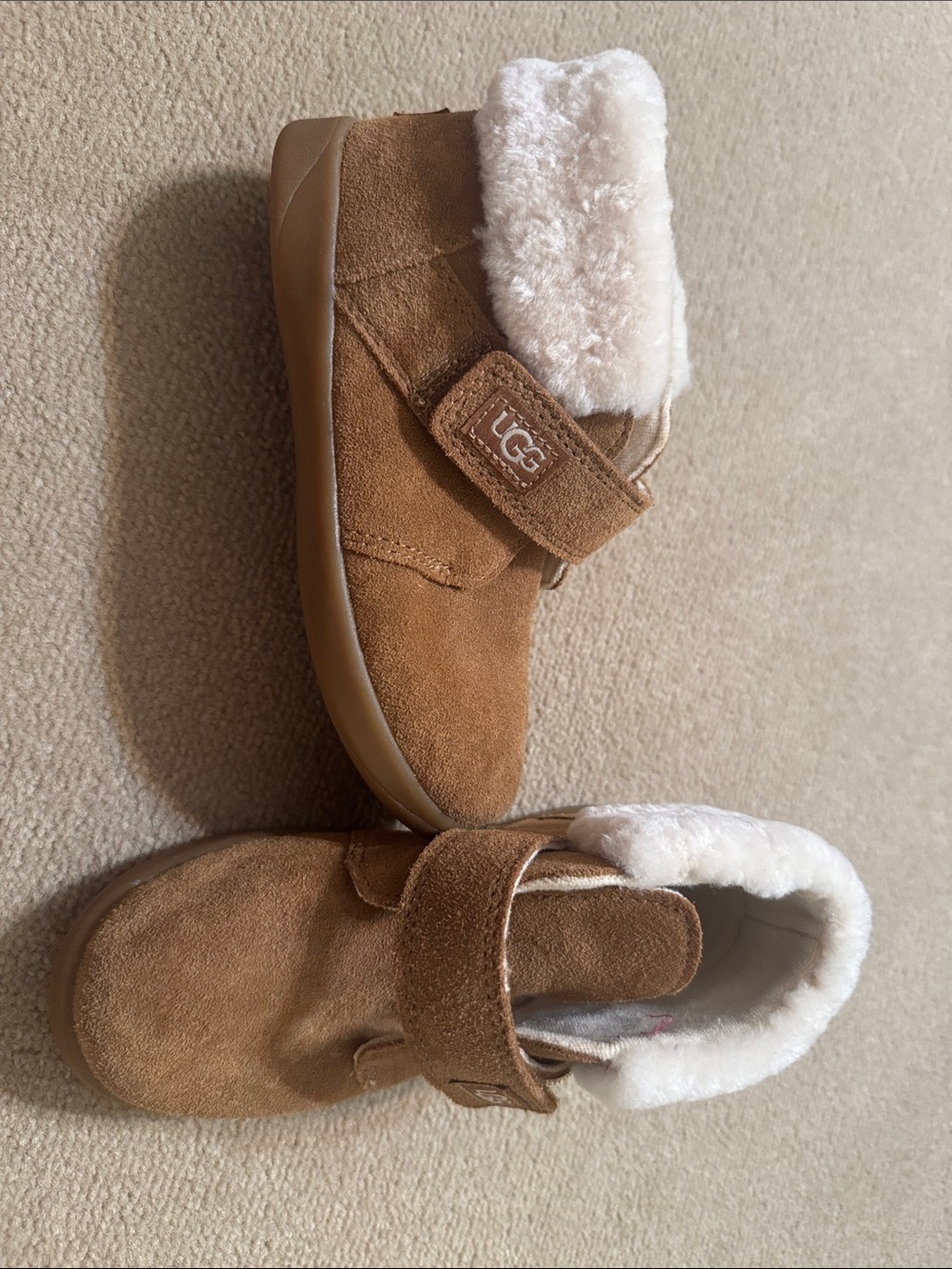 UGG Chestnut Suede Baby Walker Boots with Cream Fur Trim